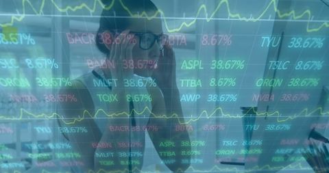 Stressed Businesswoman Analyzing Dynamic Stock Market Data