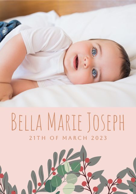 A heartwarming birth announcement featuring a cute baby with blue eyes lying on a bed, smiling up at the camera. The baby's name and birth date are elegantly displayed below, with a charming floral decoration. Perfect for use in baby announcements, family keepsakes, and personalized greeting cards.