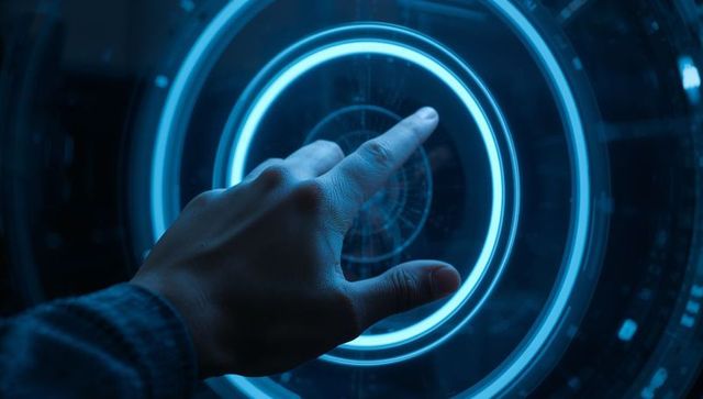 Right hand touching futuristic blue holographic hud interface with central reticle