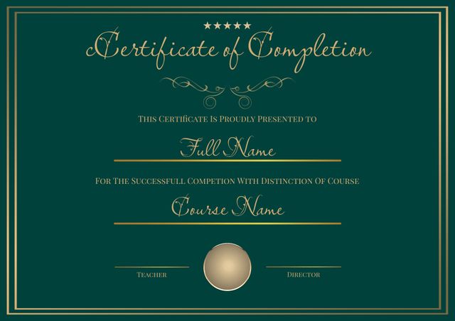 Elegant Certificate of Completion with Gold Accents on Green Background - Download Free Stock Templates Pikwizard.com