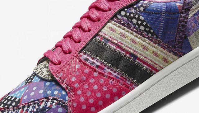 Patchwork low-top sneaker featuring pink laces, polka dots and mixed fabric stripes