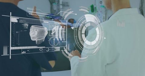 Medical professionals discussing digital interface data