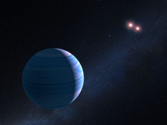 Illustration of a gas giant planet orbiting two red dwarf stars in the system OGLE-2007-BLG-349, located towards the center of our galaxy, 8,000 light-years away. The planet completes an orbit around the twin stars approximately every seven years. This visual can be used to explain the concept of gravitational microlensing and exoplanet discovery or to highlight space science and astronomy advancements. Ideal for educational material, science presentations, and articles related to astrophysics.