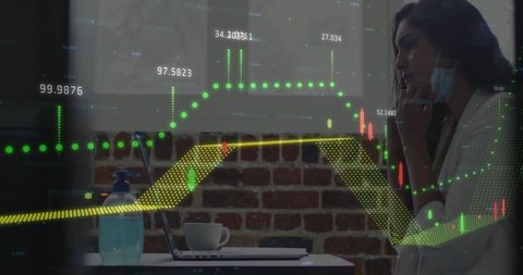 Masked Businesswoman Analyzing Stock Market Charts in Office