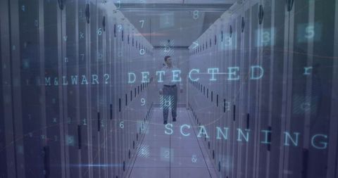 Technician Walking Through Data Center Aisle with Digital Security Overlay