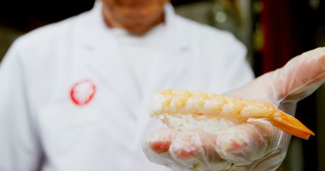 Chef wearing gloves holding freshly made shrimp sushi, showcasing Japanese culinary arts and craftsmanship. Useful for content focusing on traditional cuisine, gastronomy, food safety in restaurants, and sushi preparation.