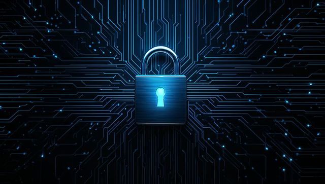 Glowing Padlock on Digital Circuit Board Representing Cybersecurity