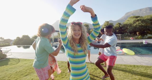 Group of Friends Dancing Cheerfully at Pool Party in Backyard - Download Free Stock Images Pikwizard.com