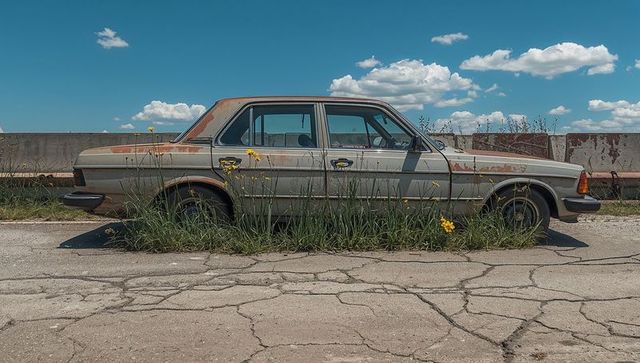 Rusty vintage sedan abandoned on cracked asphalt