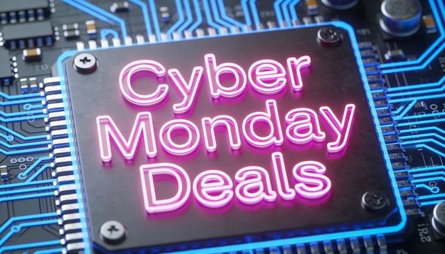 Neon cyber monday deals sign on microchip with blue circuit board background