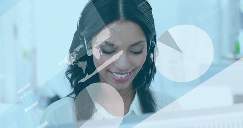 Biracial Businesswoman Using Headset with Global Data Graphics