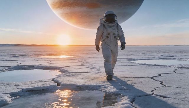 Walking astronaut on frozen alien ice plain with massive gas giant overhead at sunset