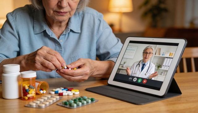 Senior woman organizing medications during telehealth consultation on tablet