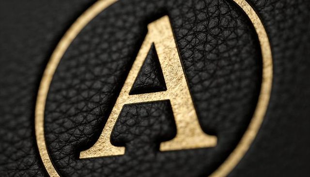 Gold letter a monogram gleaming on black pebbled leather with thin gold circle rim