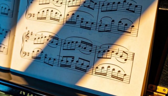 Sunlit sheet music on piano stand with diagonal shadow and hinge detail