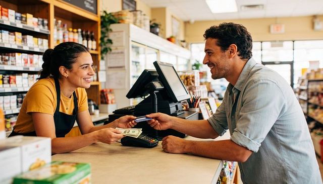 Smiling cashier handing change and processing card at busy convenience store checkout