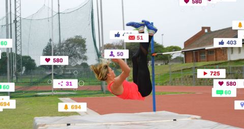 Caucasian female high jumper mid-action with social media icons