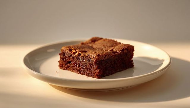 Decadent chocolate brownie sitting on white plate casting warm sunlight, rich fudgy crumbs