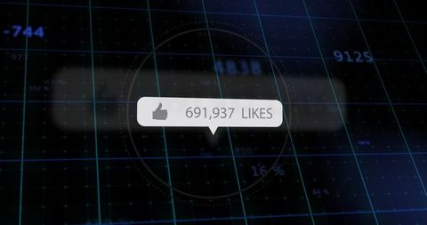 Glowing social likes badge displaying 691,937 likes on futuristic analytics hud interface