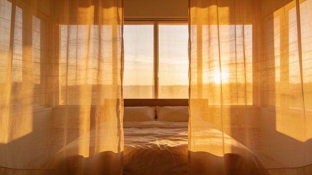 Sunrise light bathing minimal bedroom with sheer curtains, rumpled duvet and warm glow