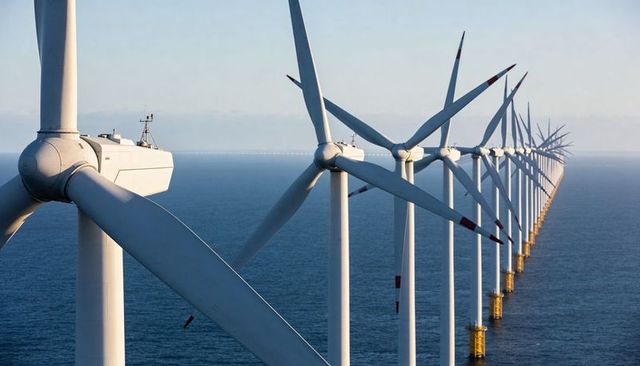 Row offshore wind turbines stretching toward horizon over calm sea