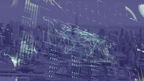 Digital Grid Mapping Global Connections Over Cityscape