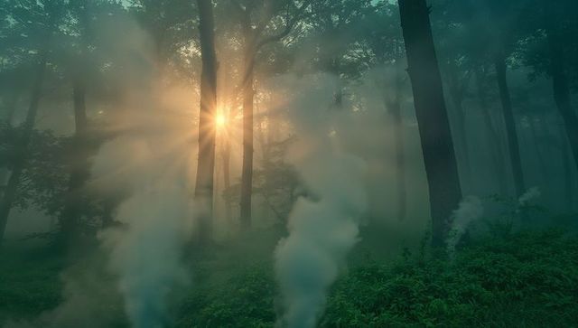 Misty Sunrise Shining Through Enchanting Forest Landscape