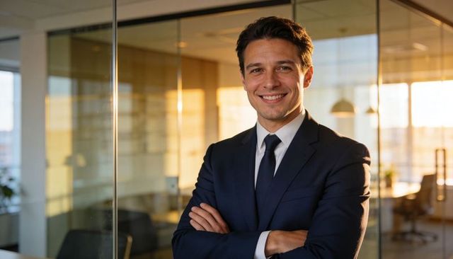 Confident businessman in navy suit standing in modern glass office at sunset