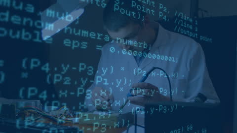 Technician Repairing Electronics Amidst Data Animation