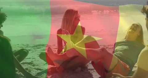 Friends Enjoying Beach Day with Cameroonian Flag Overlay