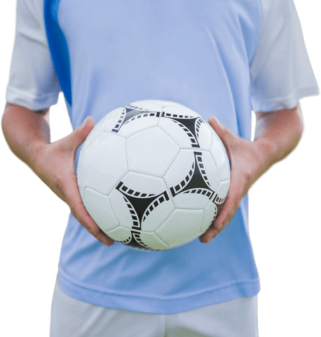 Caucasian male soccer player holding football on transparent background