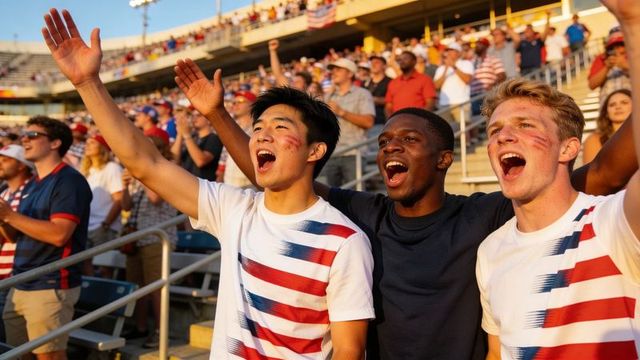 Three diverse fans cheering and raising arms in stadium during golden hour celebration