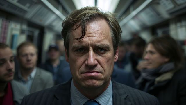 Frowning middle-aged businessman standing in crowded subway car during rush hour commute