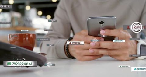 Male Hands Using Smartphone, Tapping for Mobile Payment with Augmented Reality Overlays