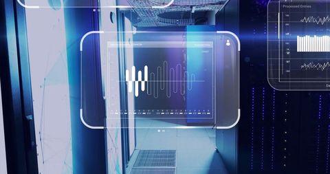 Futuristic Data Center Corridor with Digital Visualizations