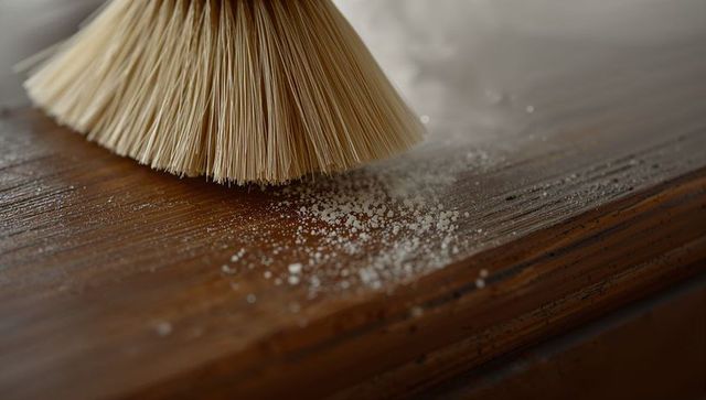 Sweeping natural-fiber brush pushing fine white powder across worn wooden tabletop macro