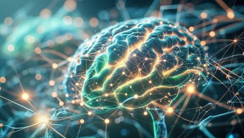 Futuristic Brain in Glowing Digital Network Landscape