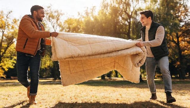 Friends laughing and pulling quilted blanket in autumn park, outdoor friendship