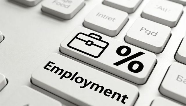 Employment key on keyboard with briefcase and percent representing job market trends