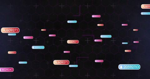 Glowing hex-grid network interface displaying floating search tags and data nodes