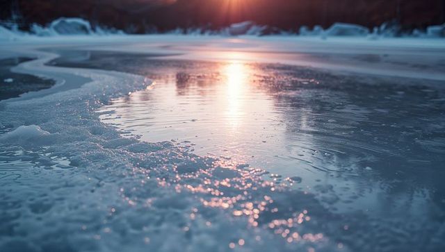Glistening Frozen Lake at Sunrise with Snow-Covered Forest