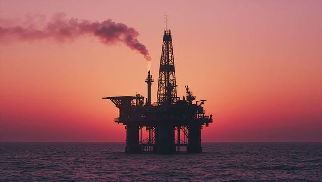 Offshore drilling rig against vibrant twilight sky
