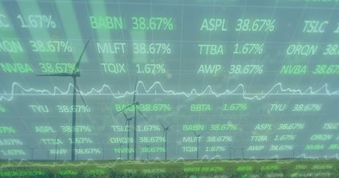 Wind Turbine with Digital Stock Display Overlay
