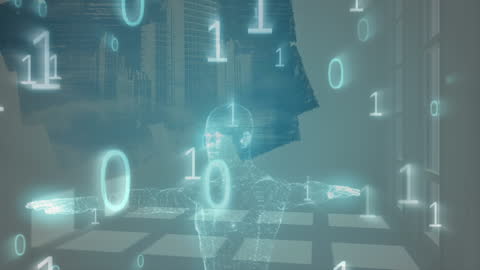 Futuristic Digital Human Overlaying Data with Cityscape