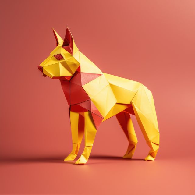 Close up of origami figure of dog on orange background, created using generative ai technology. Origami, art and japanese tradition concept digitally generated image.