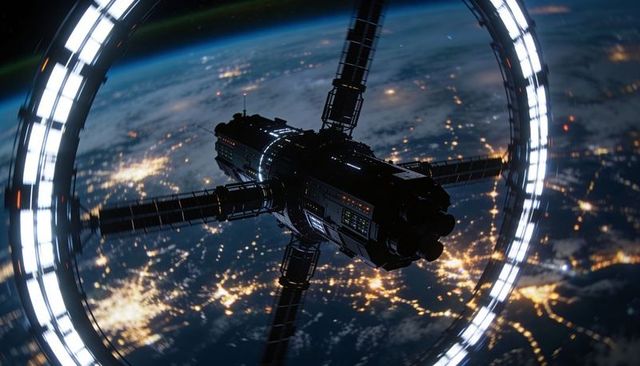 Rotating torus space habitat orbiting earth with central core and illuminated ring