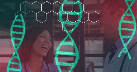 Multicultural Doctors Discussing DNA Research Amid Digital Interfaces