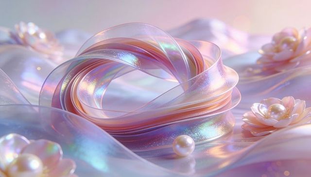 Iridescent ribbon shimmering with pearls and opalescent flower accents on pastel surface