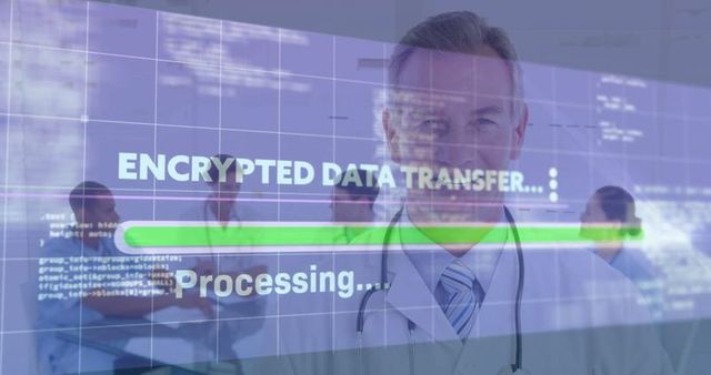 Doctor leading data briefing with digital overlays