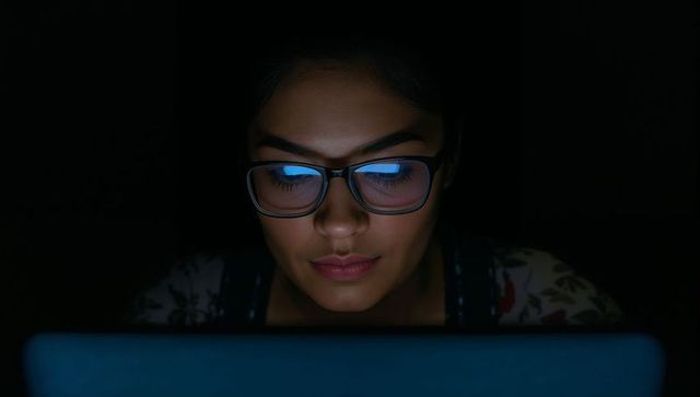 Woman Wearing Glasses Working Late on Laptop with Blue Light Reflection and Night Focus